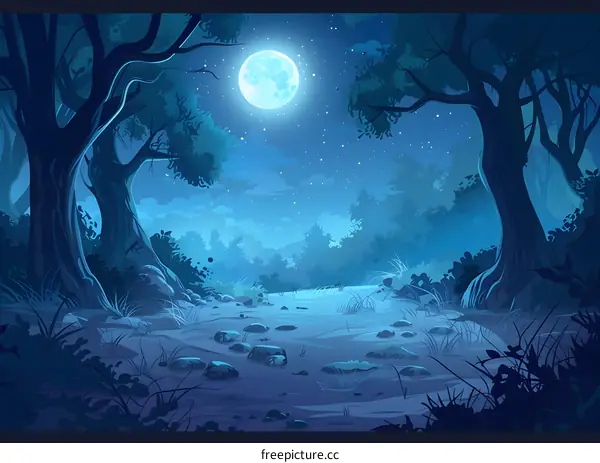 Night Forest Scene with Full Moon