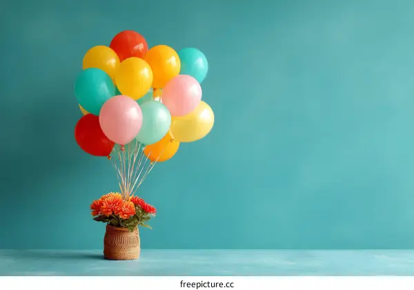 Colorful Balloons Floating Above a Flower Bouquet