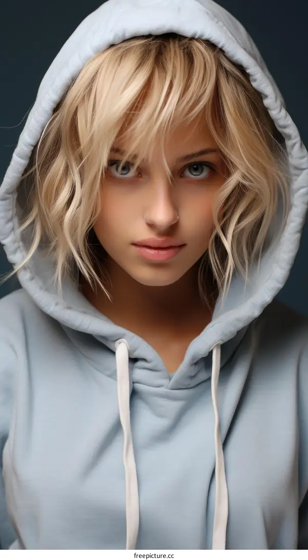 A beautiful blonde woman in a blue hoodie with her hands in the pocket of the hoodie looking at the camera with a serious expression
