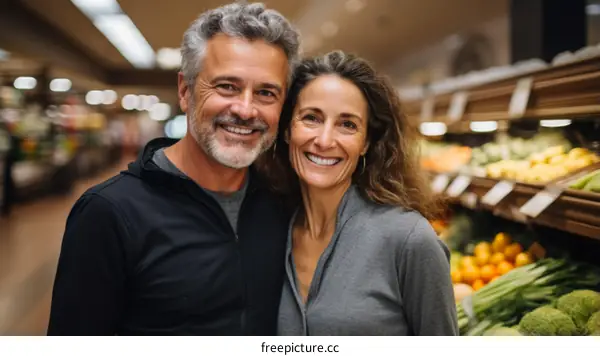 Happy couple shopping for groceries in a supermarket