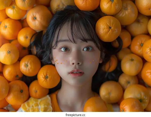 A young lady lying in a bed of oranges