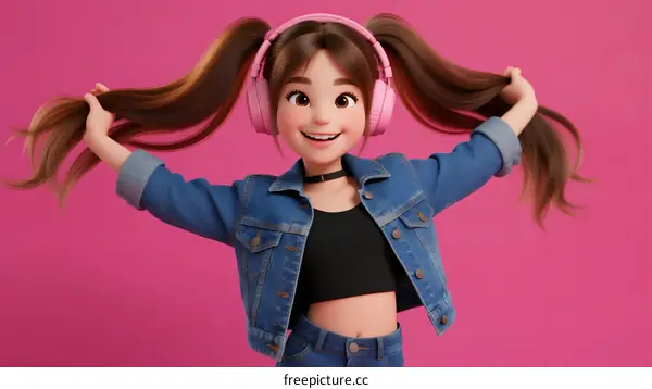 A Young Girl with Long Pigtails Wearing Pink Headphones and Denim Jacket