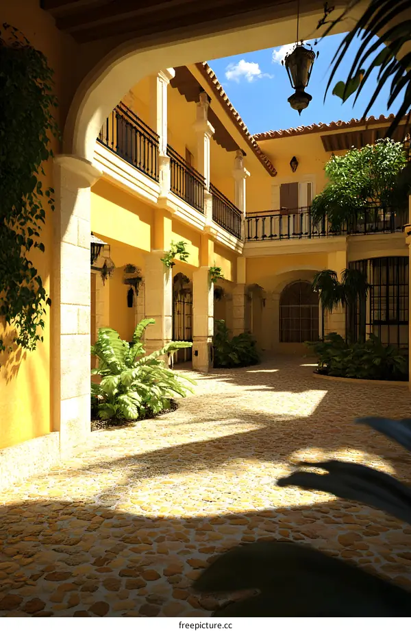 Courtyard Interior Design with Yellow Walls and Plants