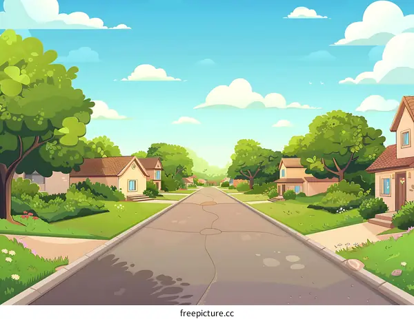 Cartoon Suburb Street with Houses and Greenery