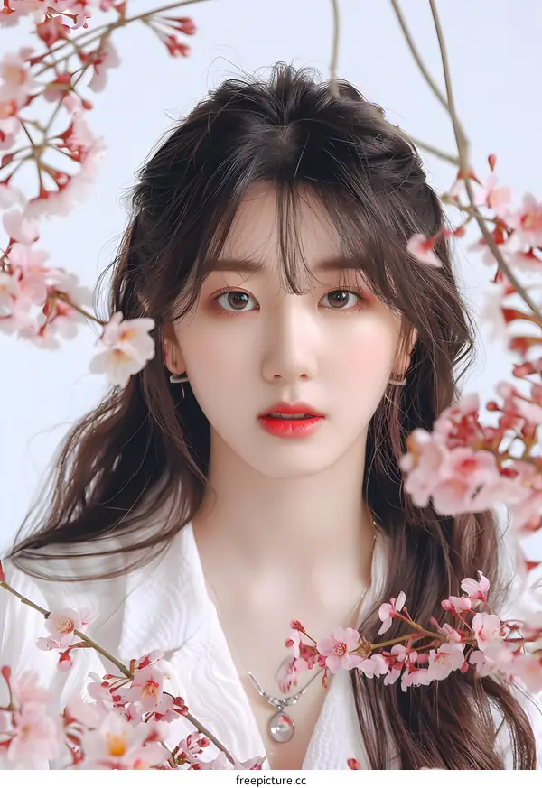 Beautiful Asian Woman with Cherry Blossoms