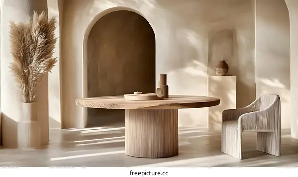 Modern Minimalist Dining Area with Wooden Table and Chairs