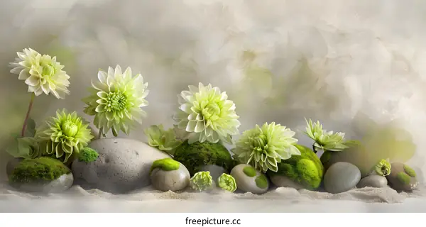 Green Flower and Stone Still Life with Abstract Background