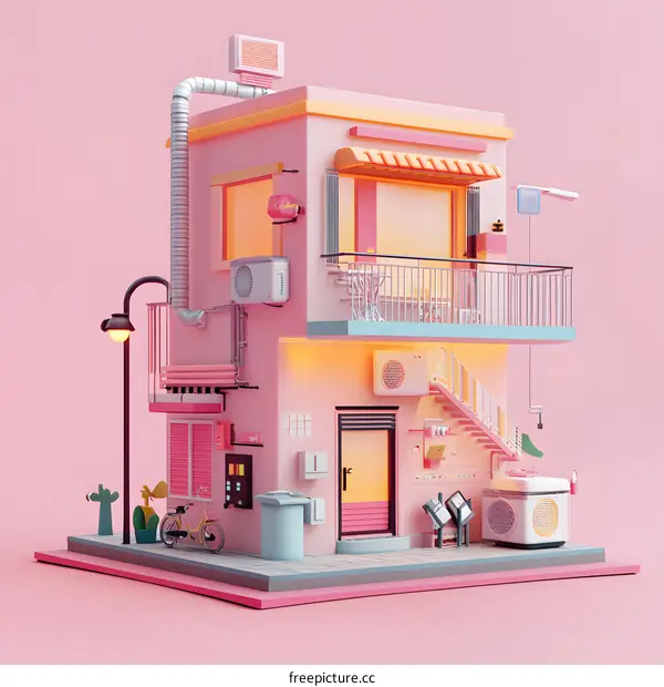 Minimalist 3D Illustration of a Pink Building with a Balcony