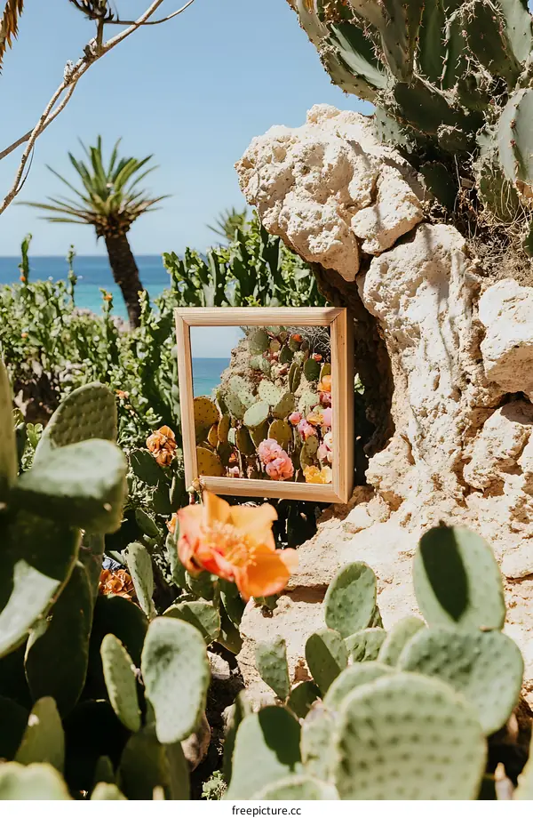 Cactus in a wooden frame with the ocean in the background