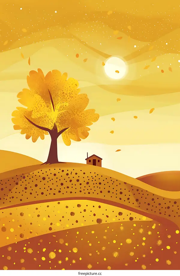 Autumn Landscape with Yellow Tree and Small House Illustration