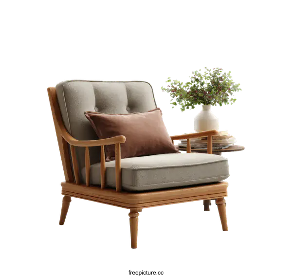 [Transparent Background PNG]Elegant Wooden Armchair with Brown Cushion