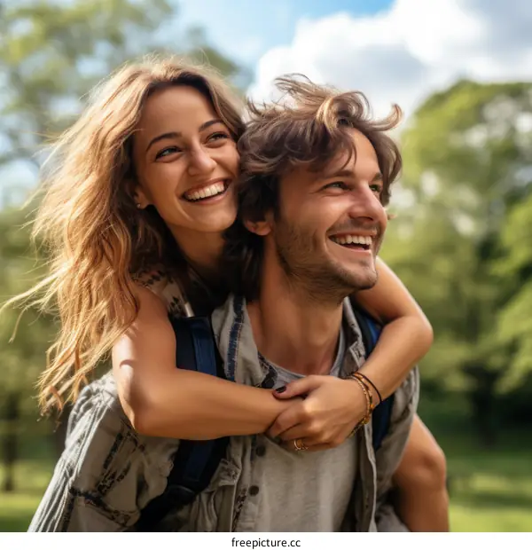 Happy couple piggybacking in the park