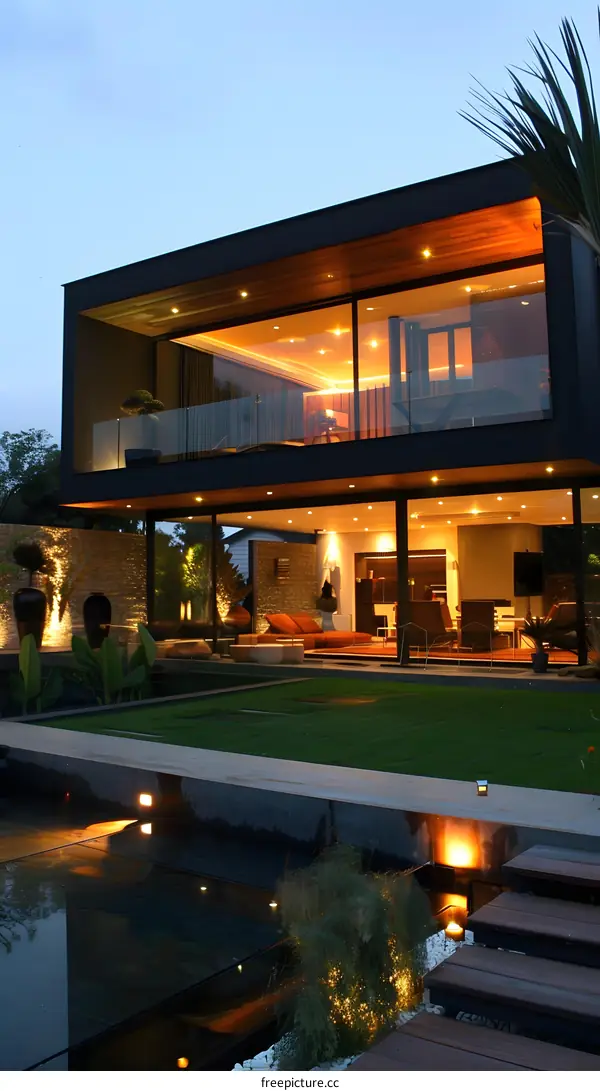 Modern House with Pool and Garden at Dusk