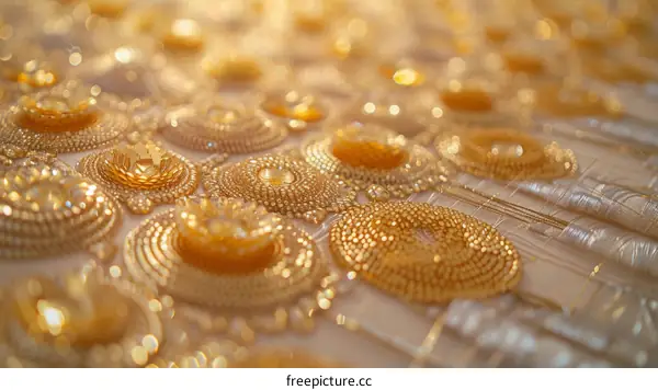 Close-up of a gold-embroidered fabric with a floral pattern