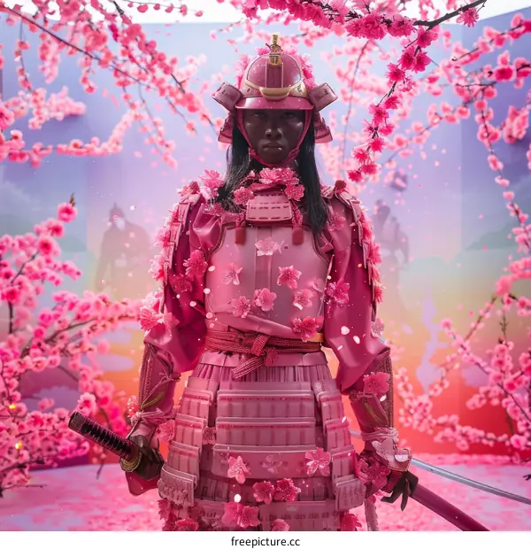 A Woman Warrior in Pink Samurai Armor Under a Cherry Blossom Tree