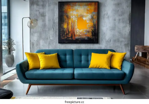 Modern Teal Sofa with Yellow Cushions and Artwork