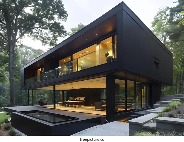 Modern Black House with Pool and Deck