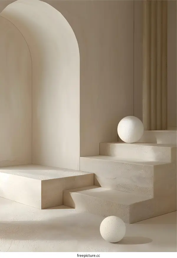 Minimalist Abstract Architecture With White Spheres On Steps