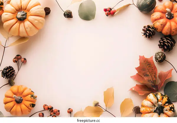 Autumn Leaves and Pumpkins on White Background