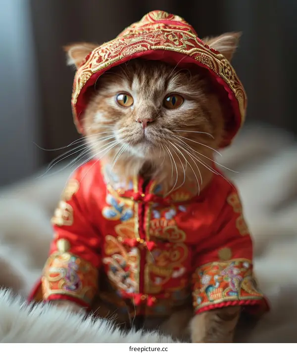 A ginger cat wearing a red and gold Chinese traditional costume