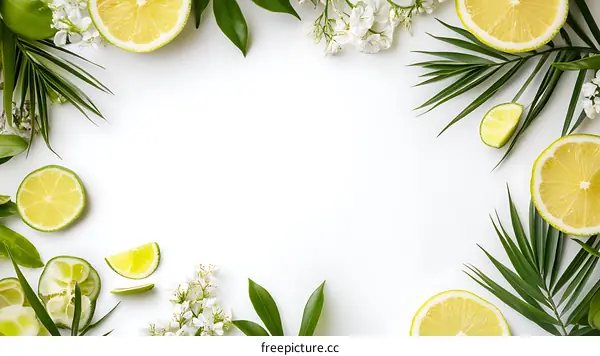White Background with Lemon and Lime Slices Surrounded by Green Leaves