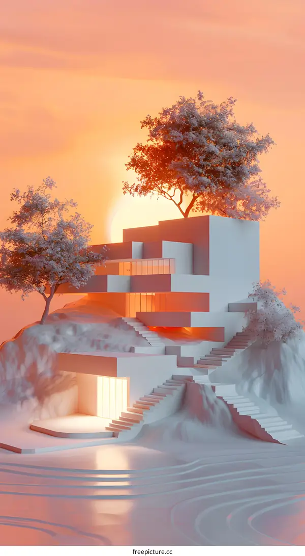 Modern house on a hill at sunset