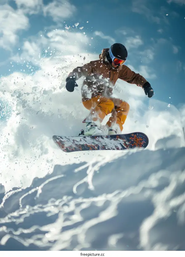 Man in orange pants snowboarding down a snowy mountain