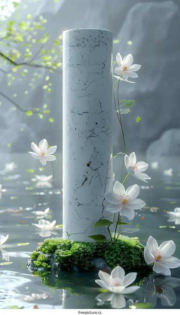 Flowers and plants grow around the stone pillar