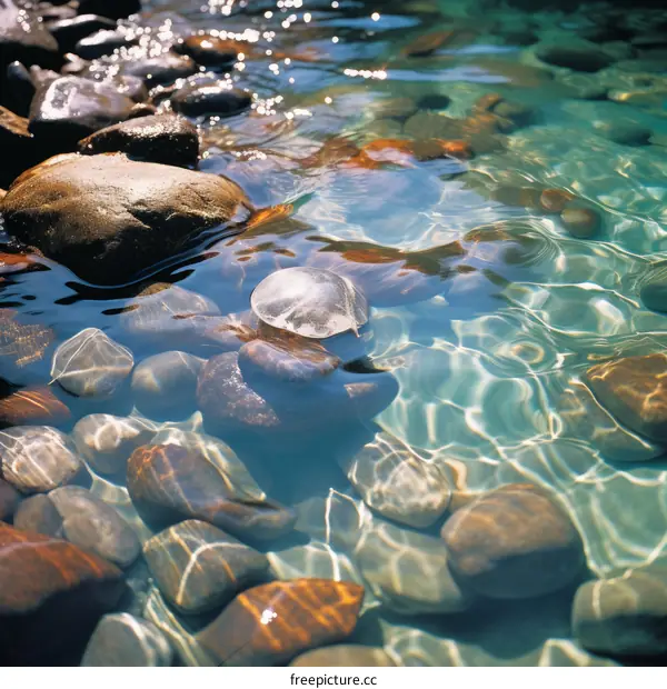 Clear water with smooth polished rocks on the bottom