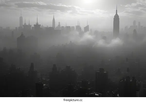 New York City skyline in the fog