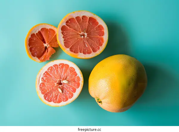 Fresh Grapefruit Slices On Turquoise Background