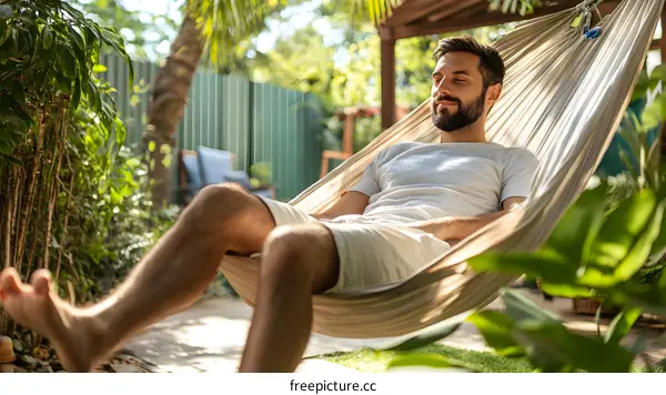Man Relaxing in Hammock in Backyard