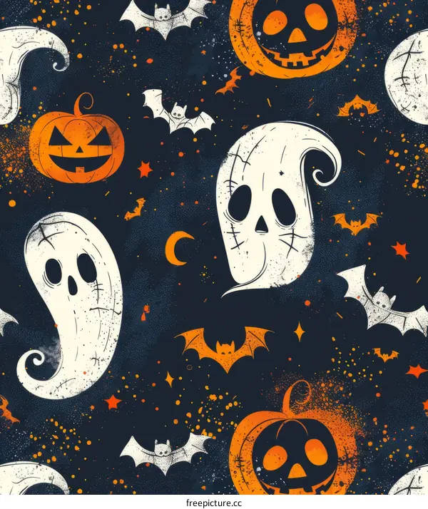 Frightening Halloween Seamless Pattern with Spooky Cartoon Ghost, Bat and Pumpkin