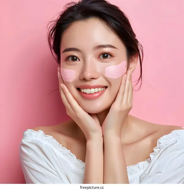 Happy Asian Woman with Pink Face Mask Smiling and Looking at Camera