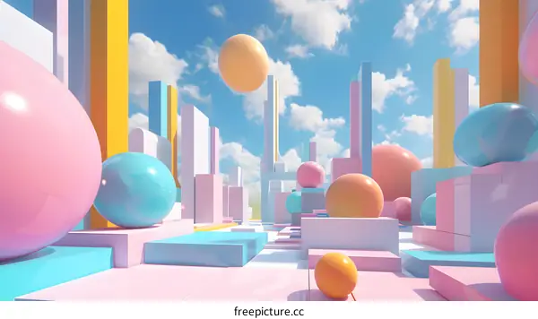 Abstract Colorful 3D Geometric Shapes with Sky Background