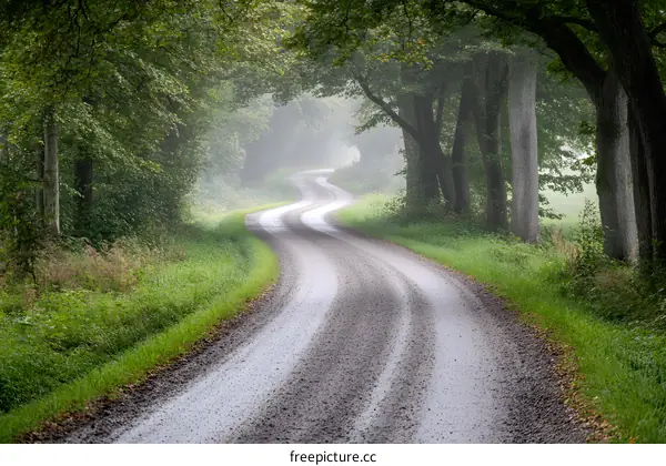 Winding Country Road Through Misty Forest