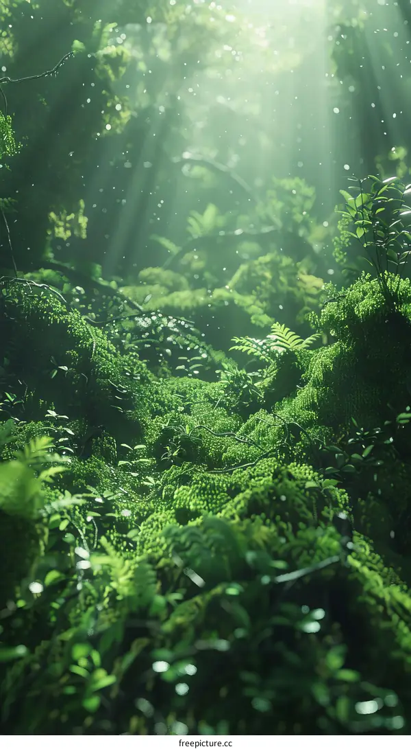 lush green plants in the forest with rays of light shining through the leaves