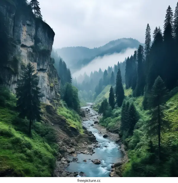 The river flows through the valley between the mountains