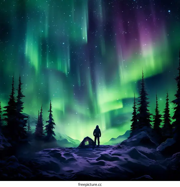 Aurora borealis landscape with a person standing in the foreground