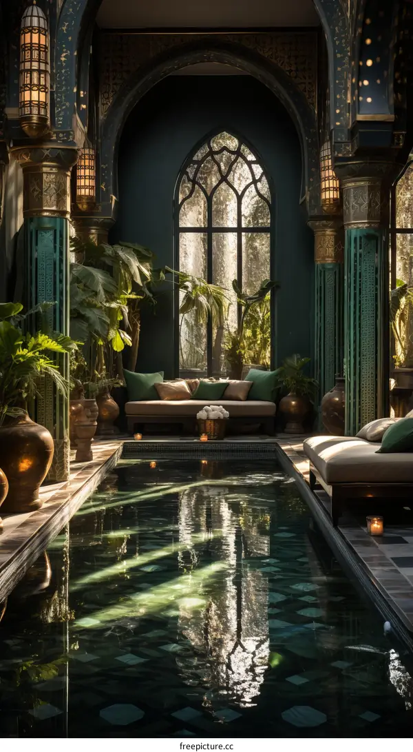 Indoor swimming pool with green walls and arched windows