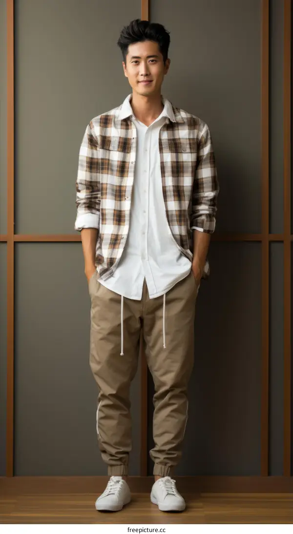 Asian man wearing a white shirt, brown plaid flannel shirt, and khaki joggers