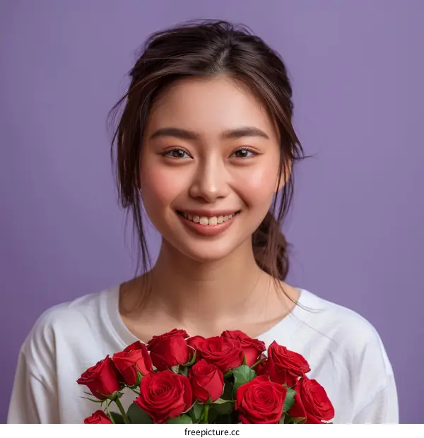 Asian woman holding a bouquet of red roses