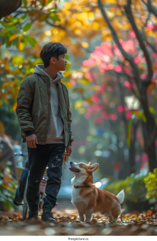 A young man walking his corgi dog in the park