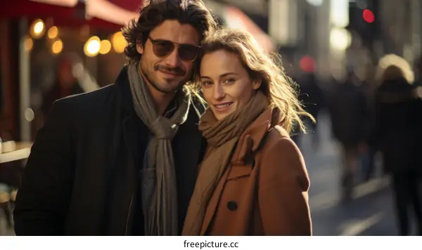 A young couple is posing for a photo in front of a busy street.