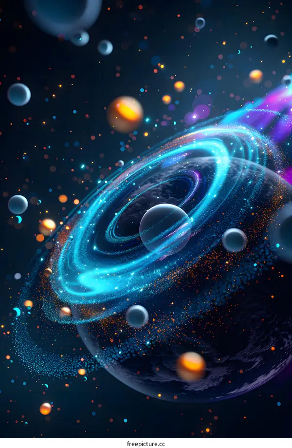 Blue planet with glowing rings of light