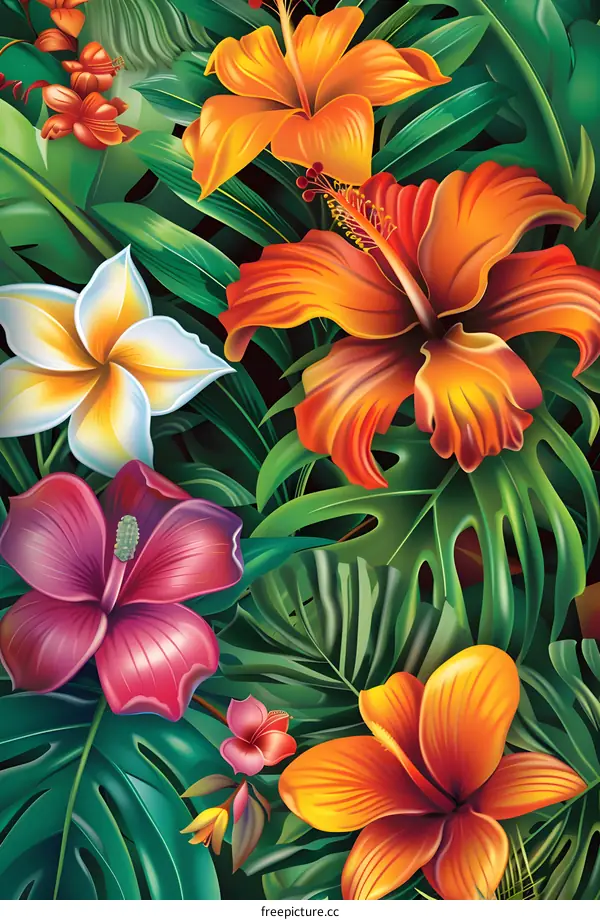 Tropical Floral Pattern With Green Leaves and Colorful Flowers