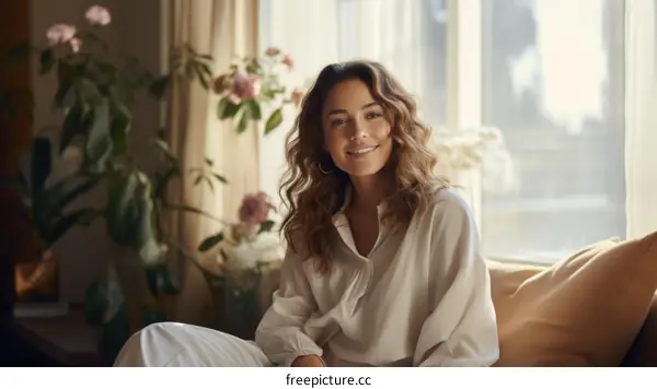 Portrait of a beautiful young woman with curly hair sitting on a couch and smiling