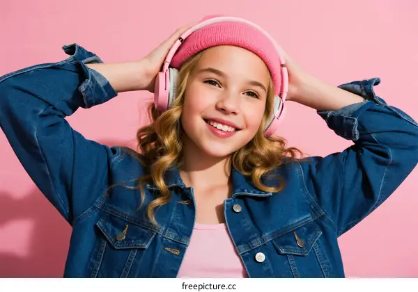 Young girl wearing pink headphones and denim jacket against pink background