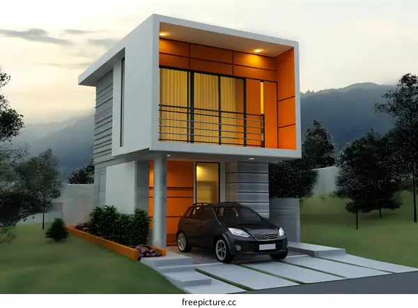 Modern Two Storey House with Orange Accent