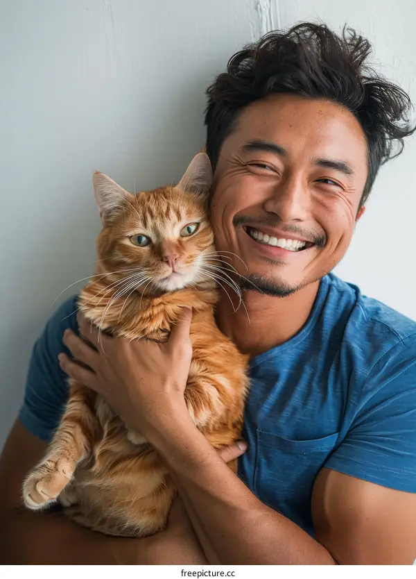A smiling man hugging an orange cat